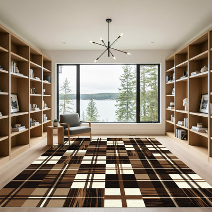 Brown Cream Plaid Wood Patchwork Rug