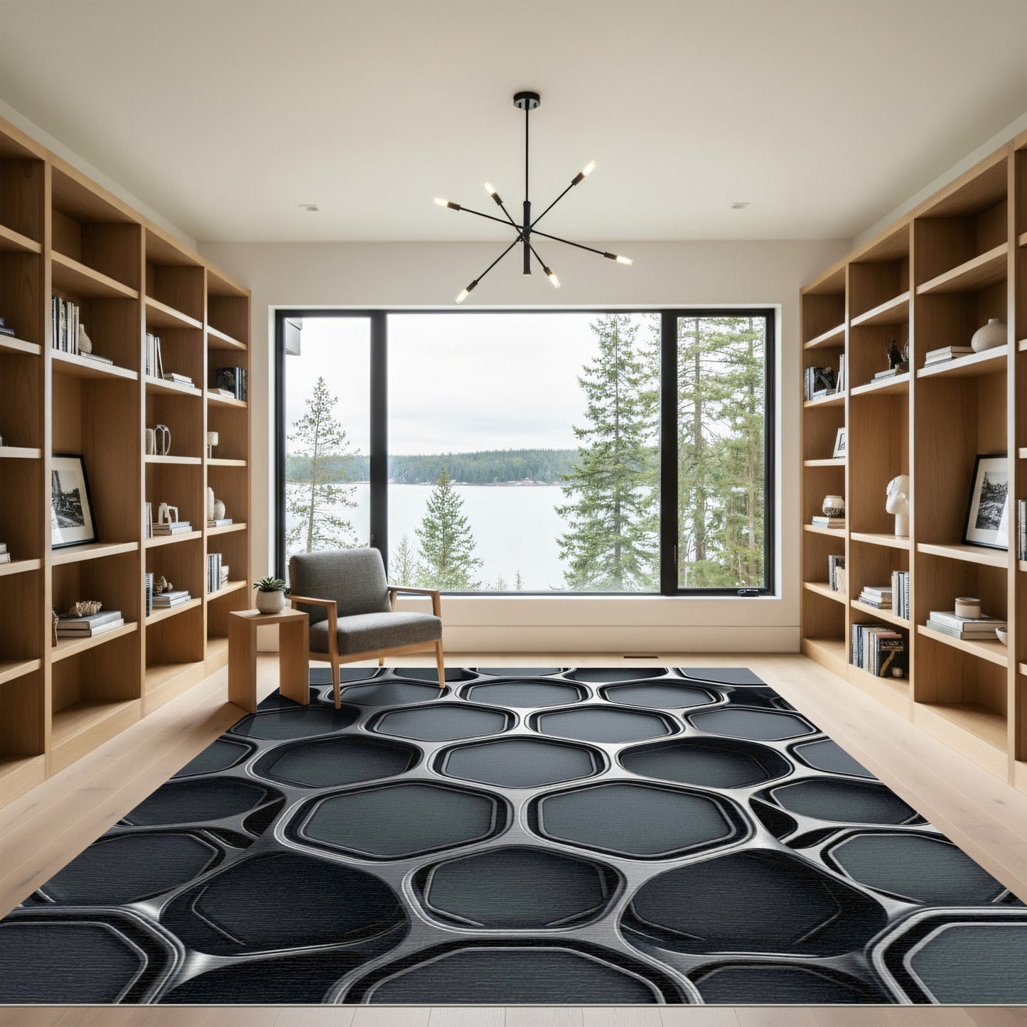 Modern Metallic Silver Geometric Honeycomb Rug