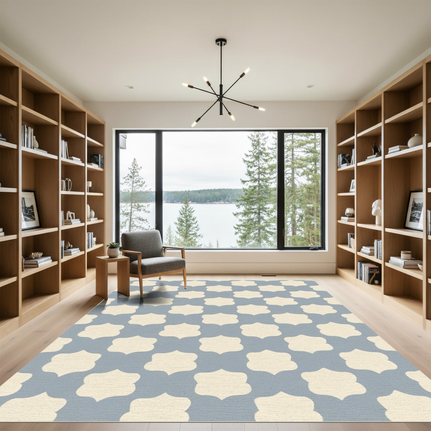 Dusty Blue Cream Quatrefoil Overlay Rug