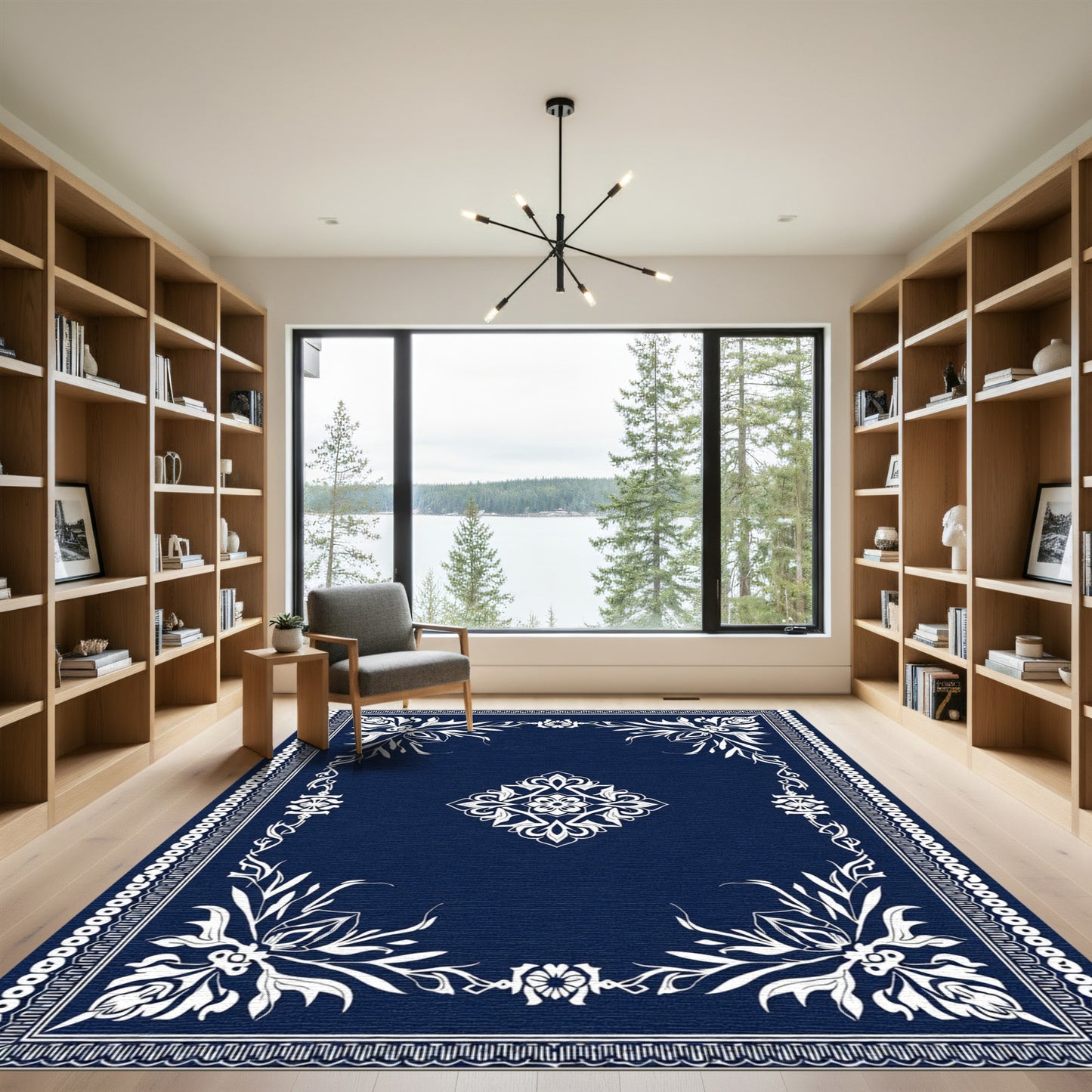Classic Blue White Floral Medallion Border Rug
