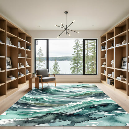 Teal Ocean Wave Watercolor Swirl Rug