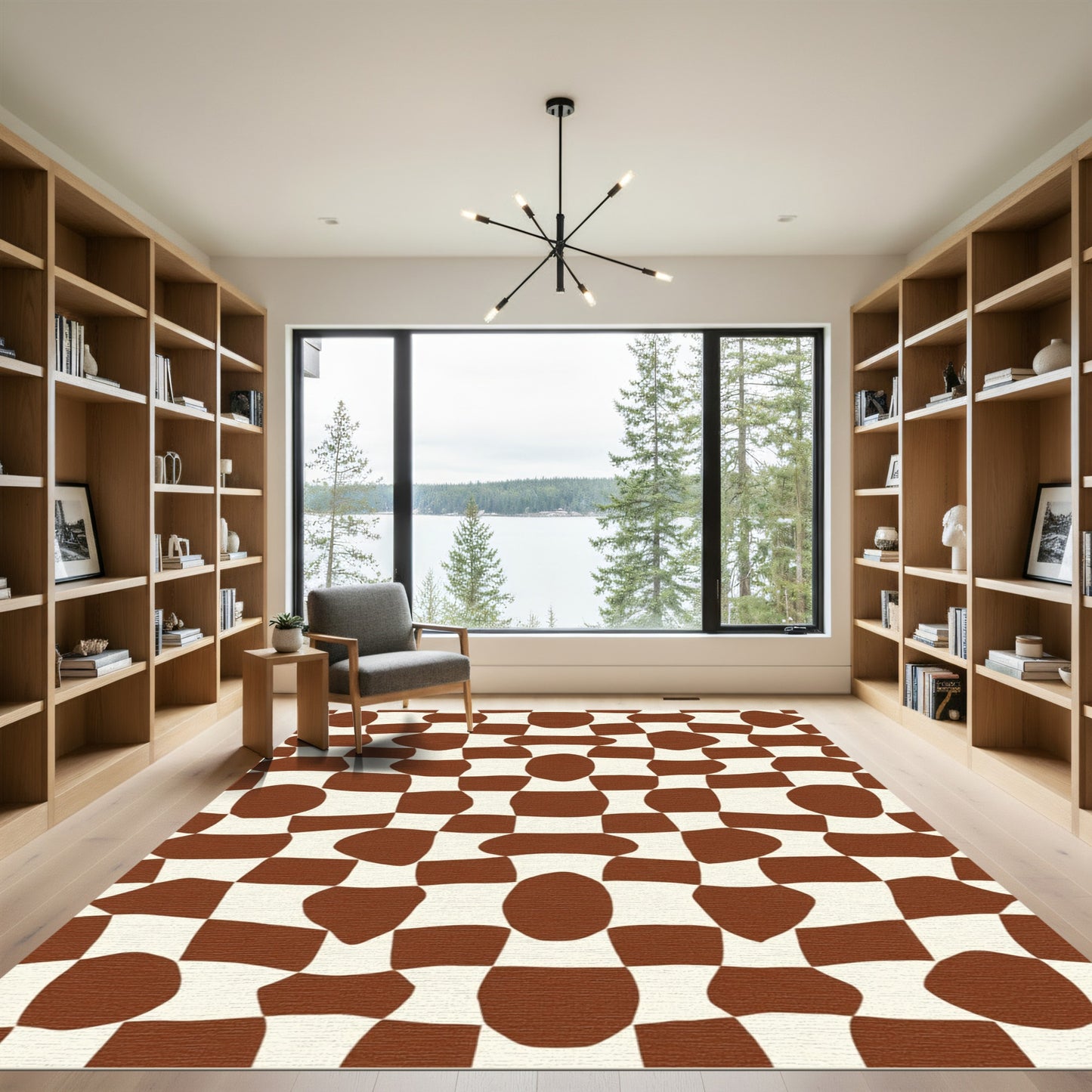Retro Brown White Warped Checkered Rug