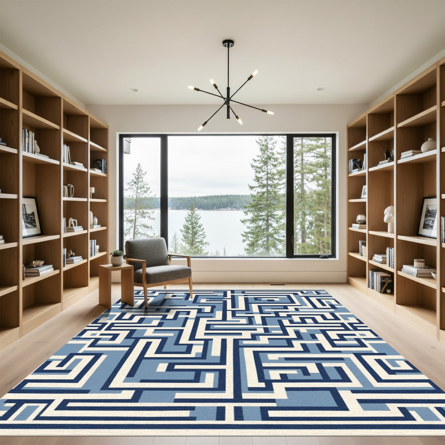 Blue Abstract Maze Geometric Scheme Rug