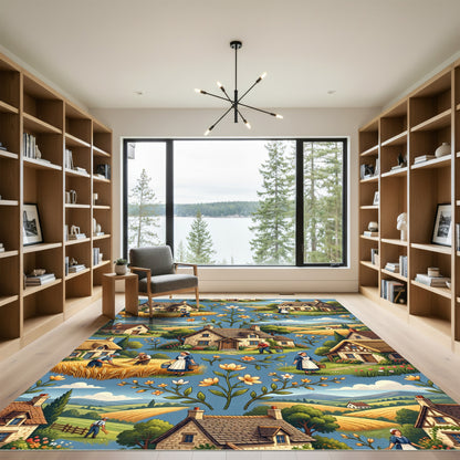 Pastoral Blue Cottage Wheat Field Rug