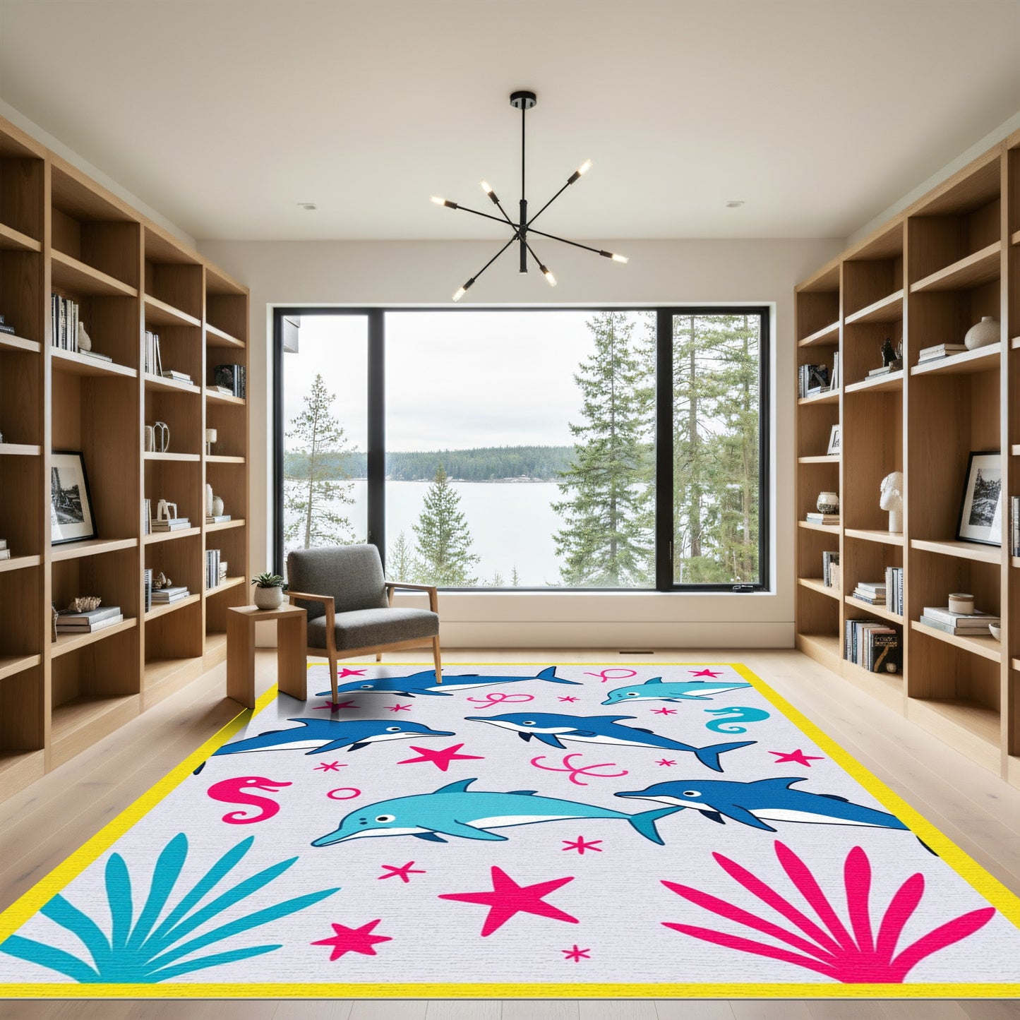 Blue And Pink Ocean Dolphin Stars Rug