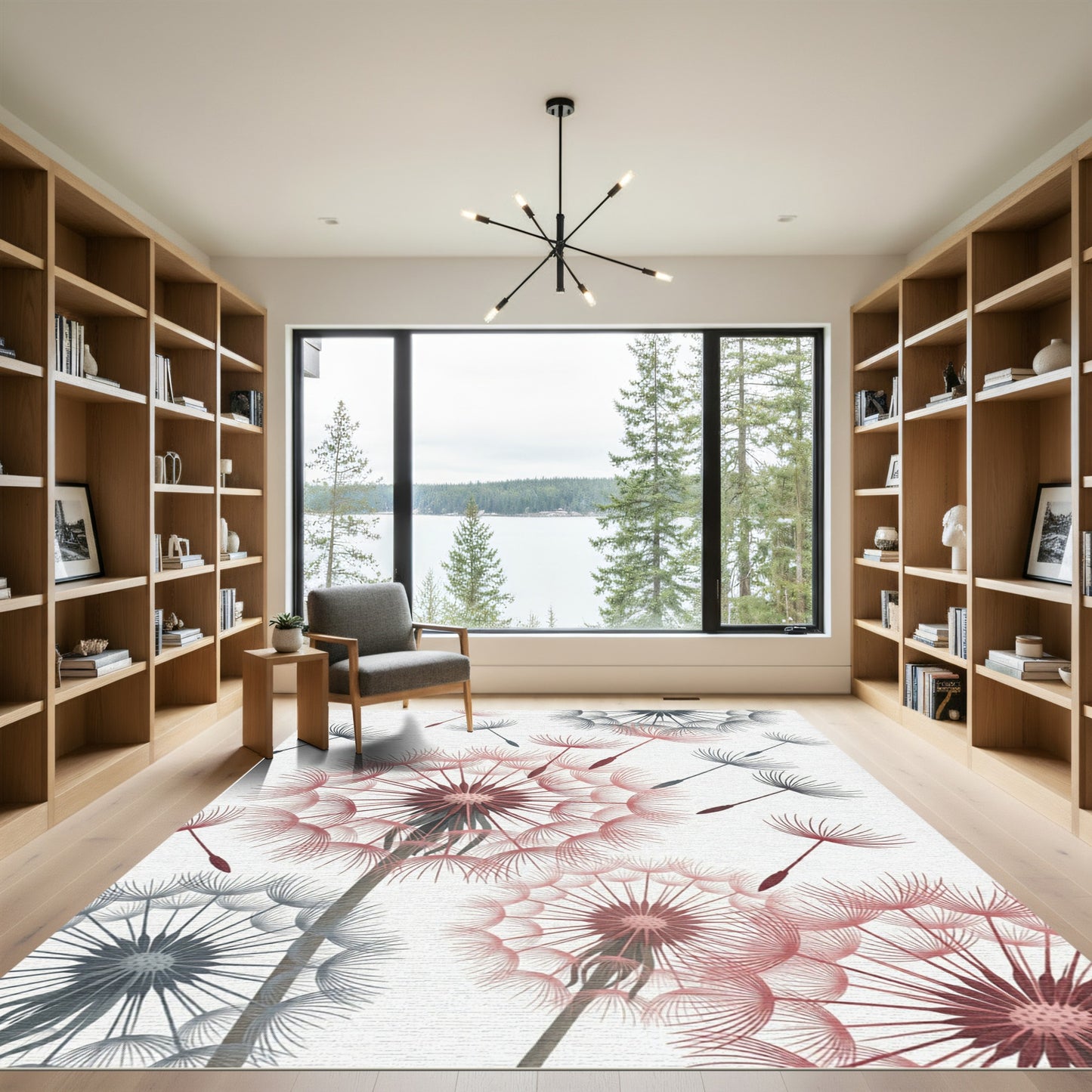 Whimsical Coral Gray Dandelion Field Rug