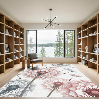 Whimsical Coral Gray Dandelion Field Rug
