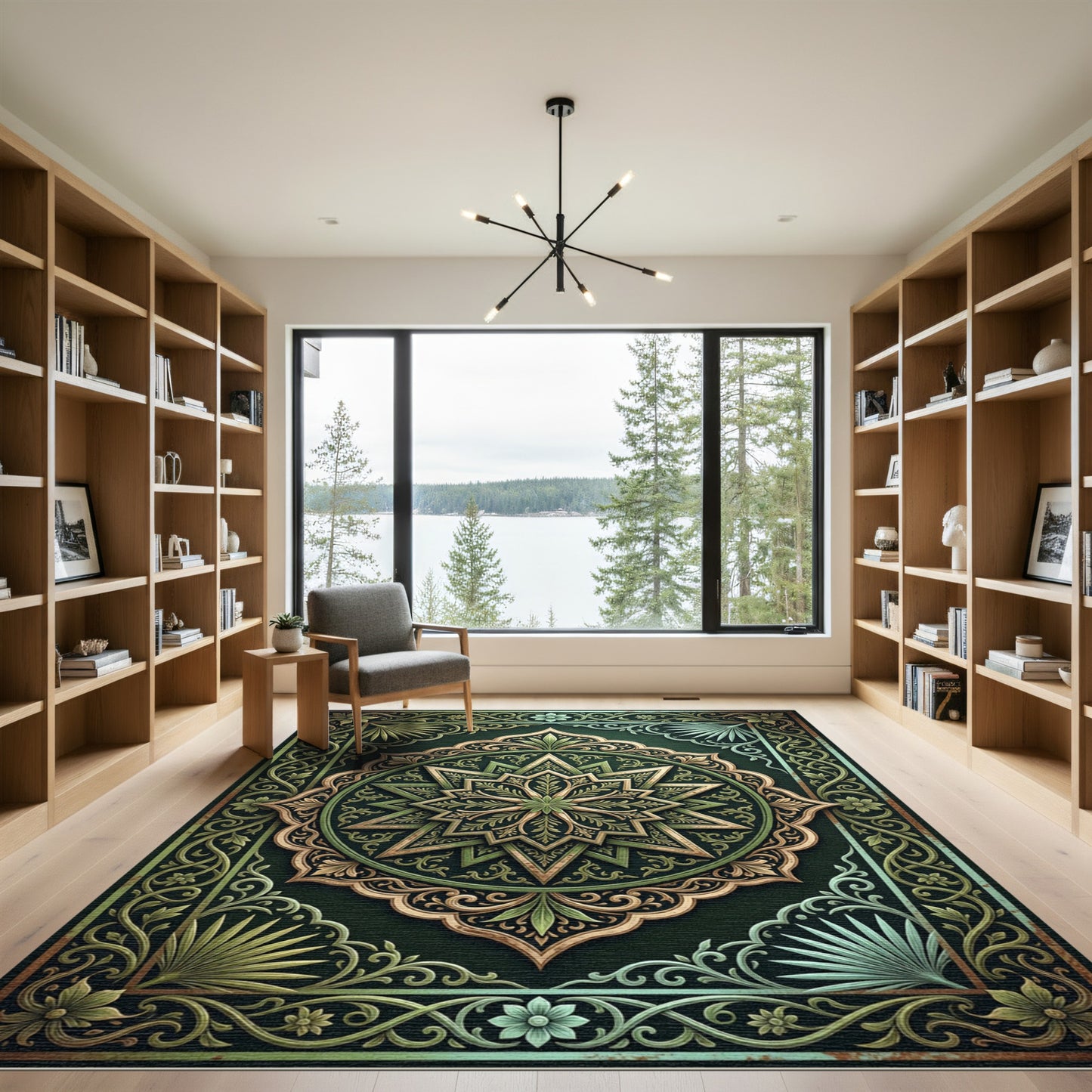 Elegant Green Gold Starburst Medallion Rug