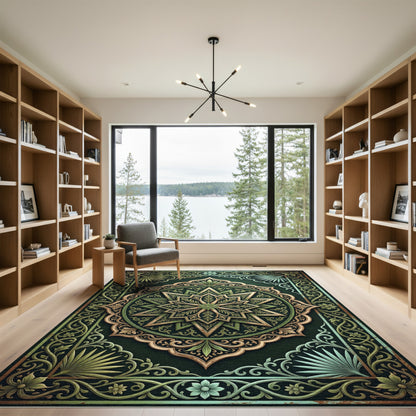Elegant Green Gold Starburst Medallion Rug