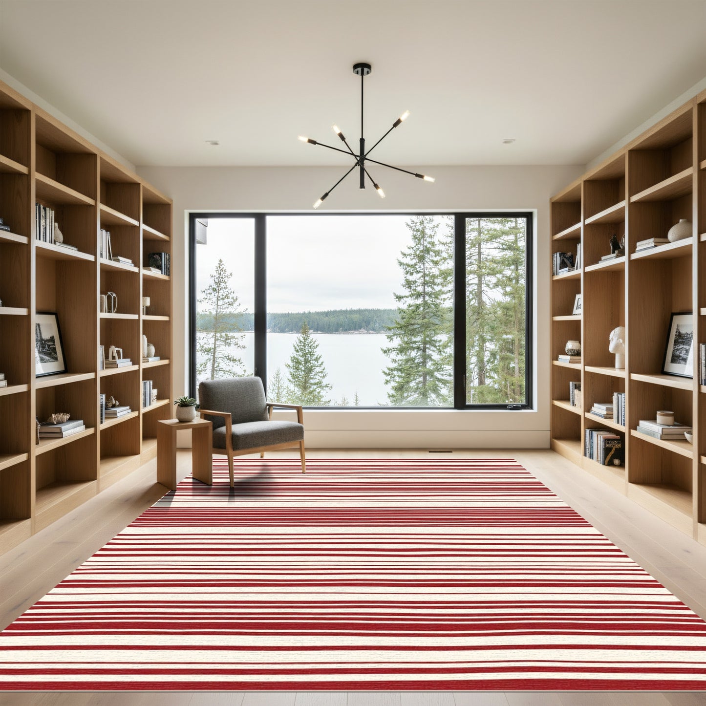 Hand-Drawn Red Stripe Cream Rug