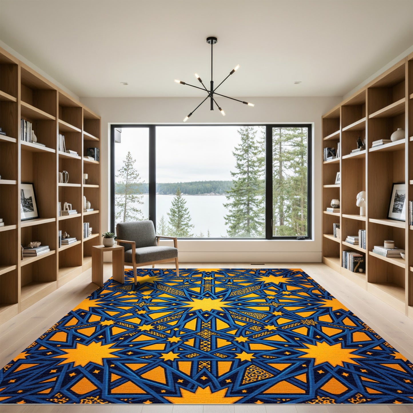 Luminous Cobalt and Gold Geometric Star Medallion Rug