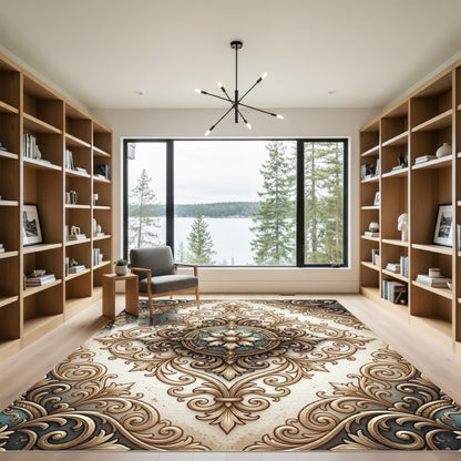 Elegant Gold Scrollwork Medallion Teal Area Rug