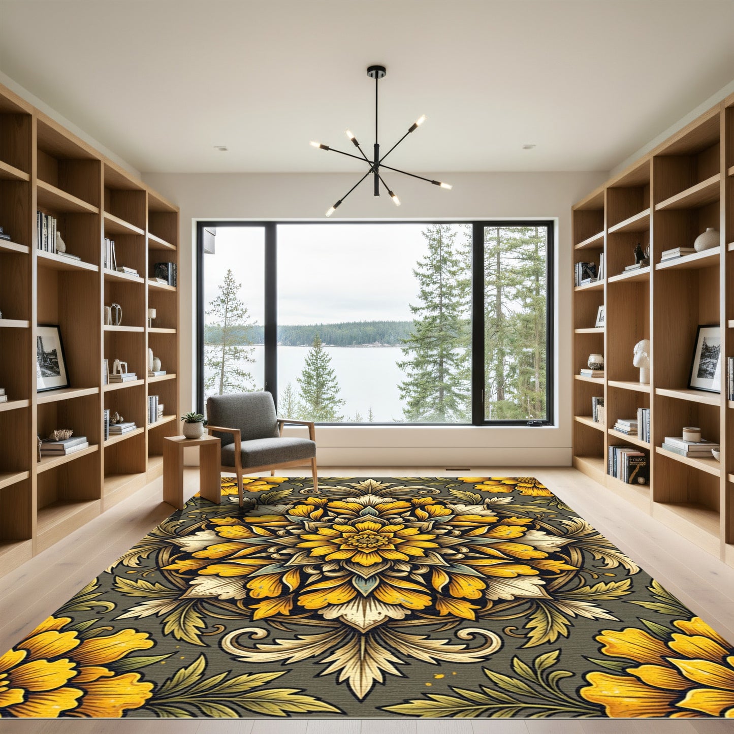 Radiant Golden Floral Mandala Scroll Rug