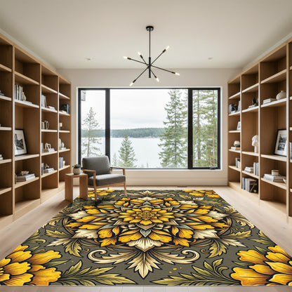 Radiant Golden Floral Mandala Scroll Rug