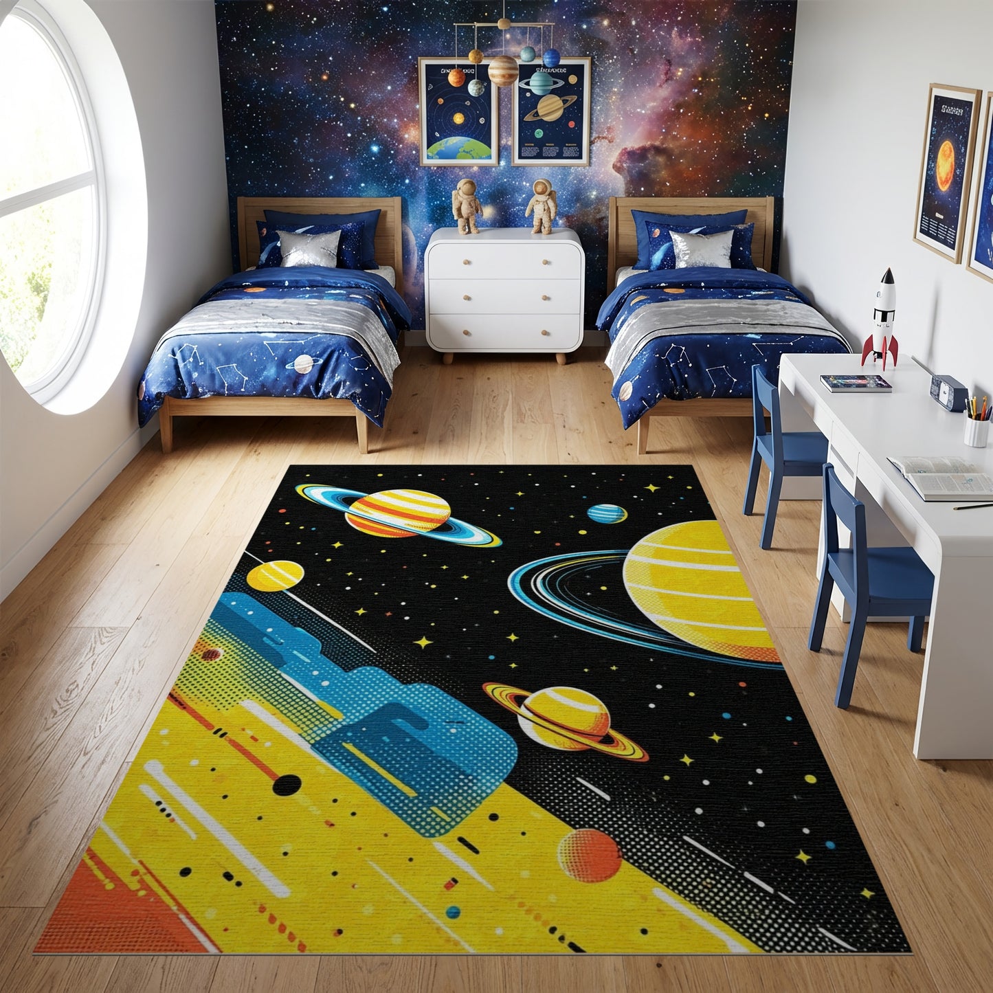Vibrant Yellow Ringed Planets Stars Rug