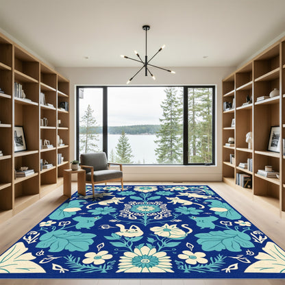 Charming Blue Floral Cat Garden Rug