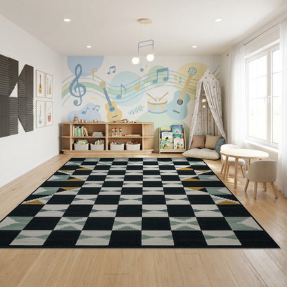 Modern Black Teal Geometric Diamond Rug