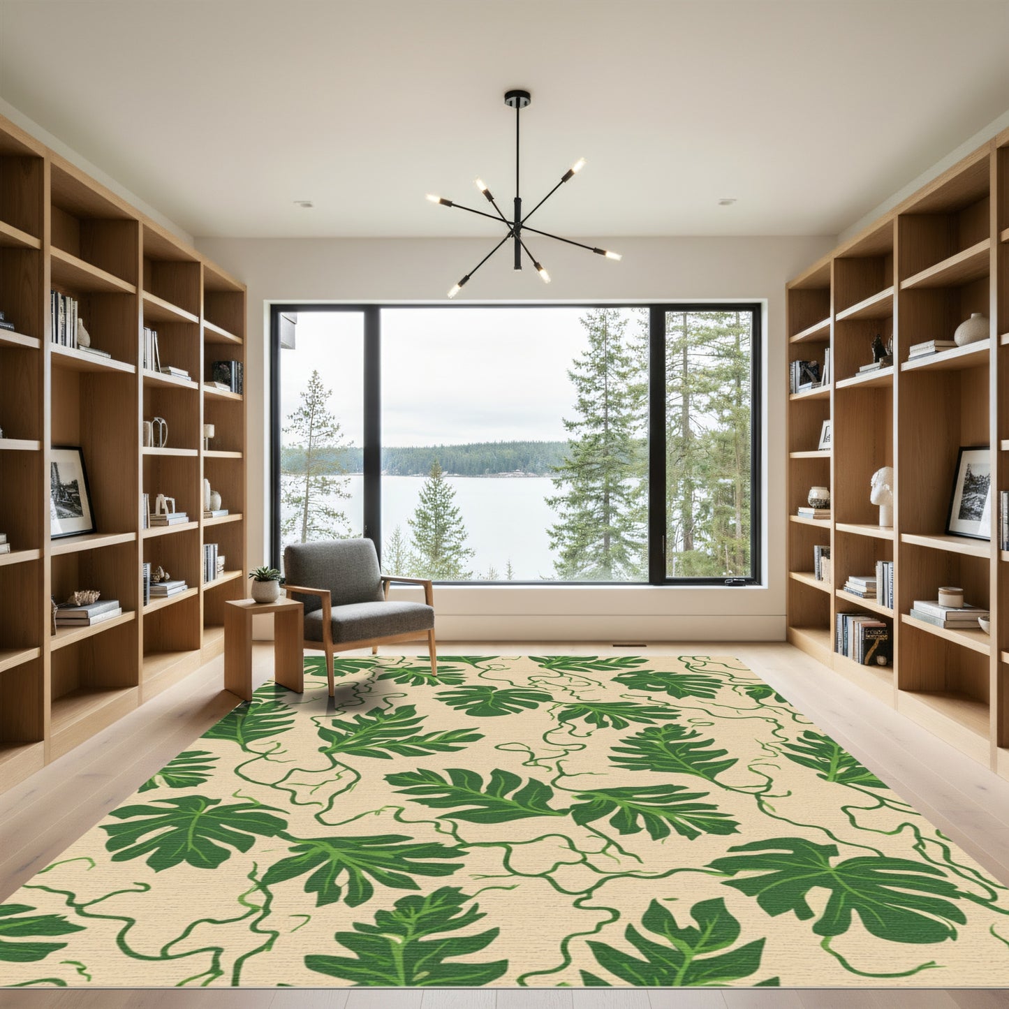 Green Leafy Vines On Beige Canvas Rug