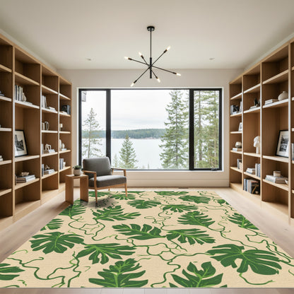 Green Leafy Vines On Beige Canvas Rug