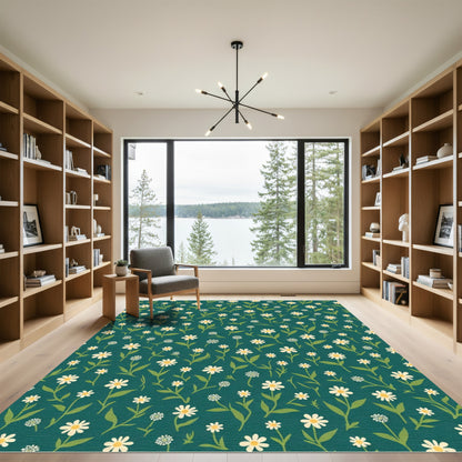 Teal White Daisy Garden Meadow Rug