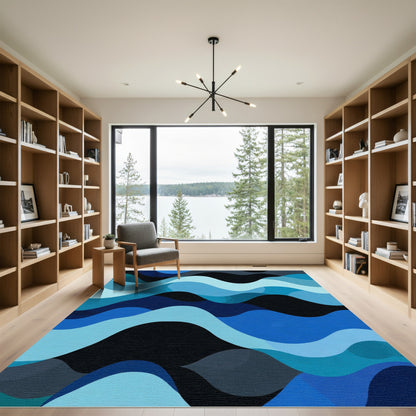 Navy Blue Ocean Wave Scenic Rug