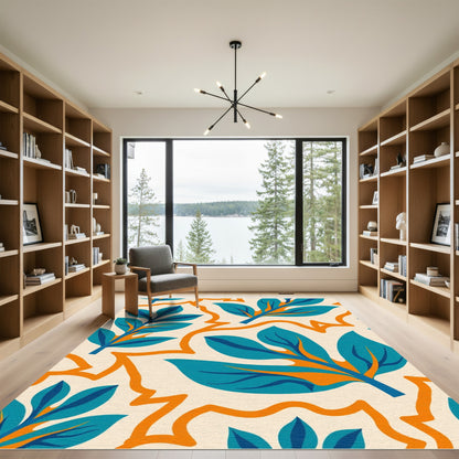 Teal Blue Orange Foliage Swirl Rug