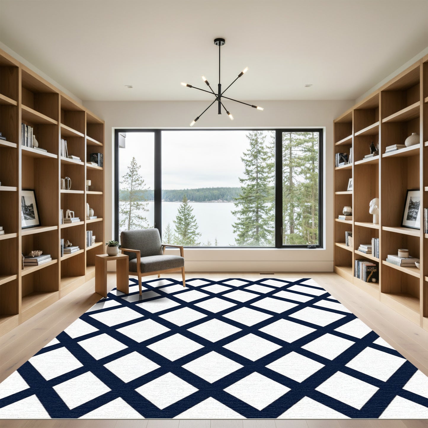 Bold Navy Geometric Diamond Grid Rug