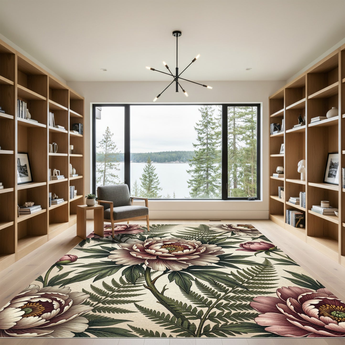 Vintage Botanical Peony Fern Illustration Rug