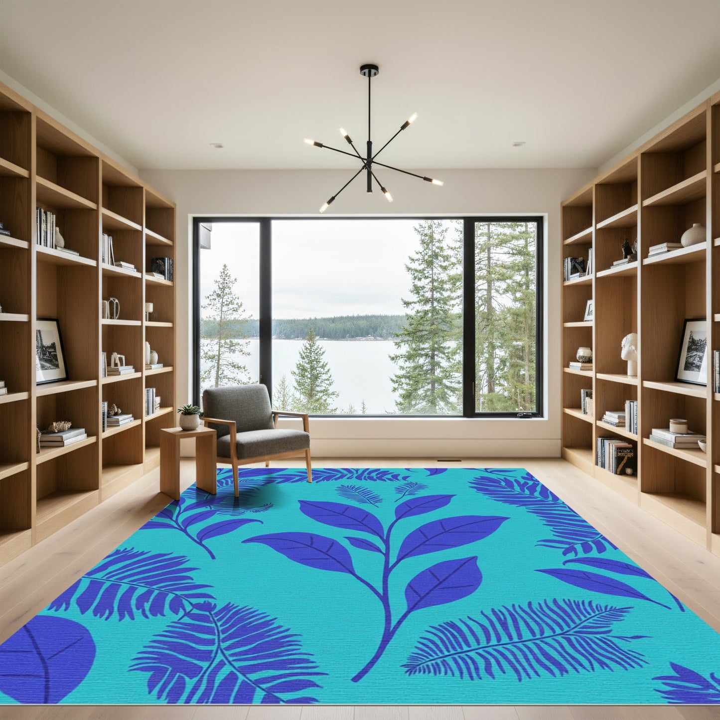 Deep Blue Fern Foliage Teal Rug