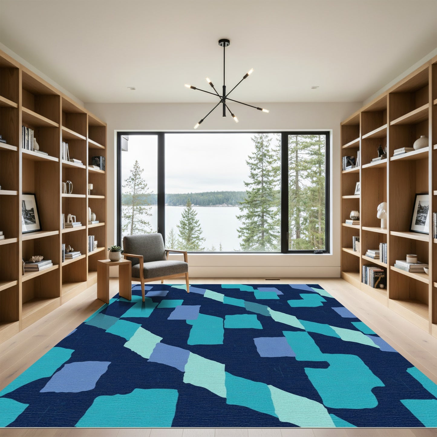 Deep Blue Geometric Block Abstract Rug