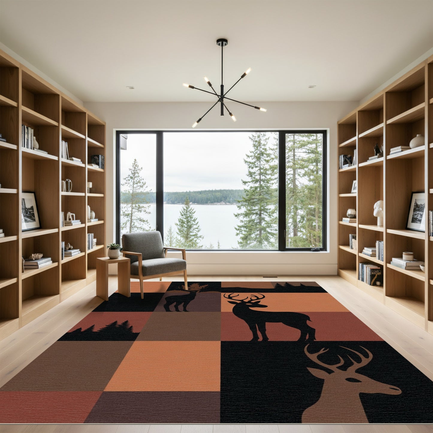 Rustic Deer Woodland Silhouette Squares Rug
