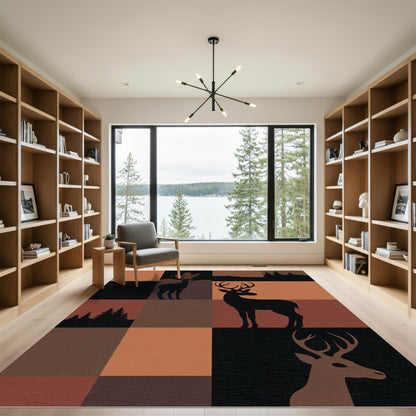 Rustic Deer Woodland Silhouette Squares Rug