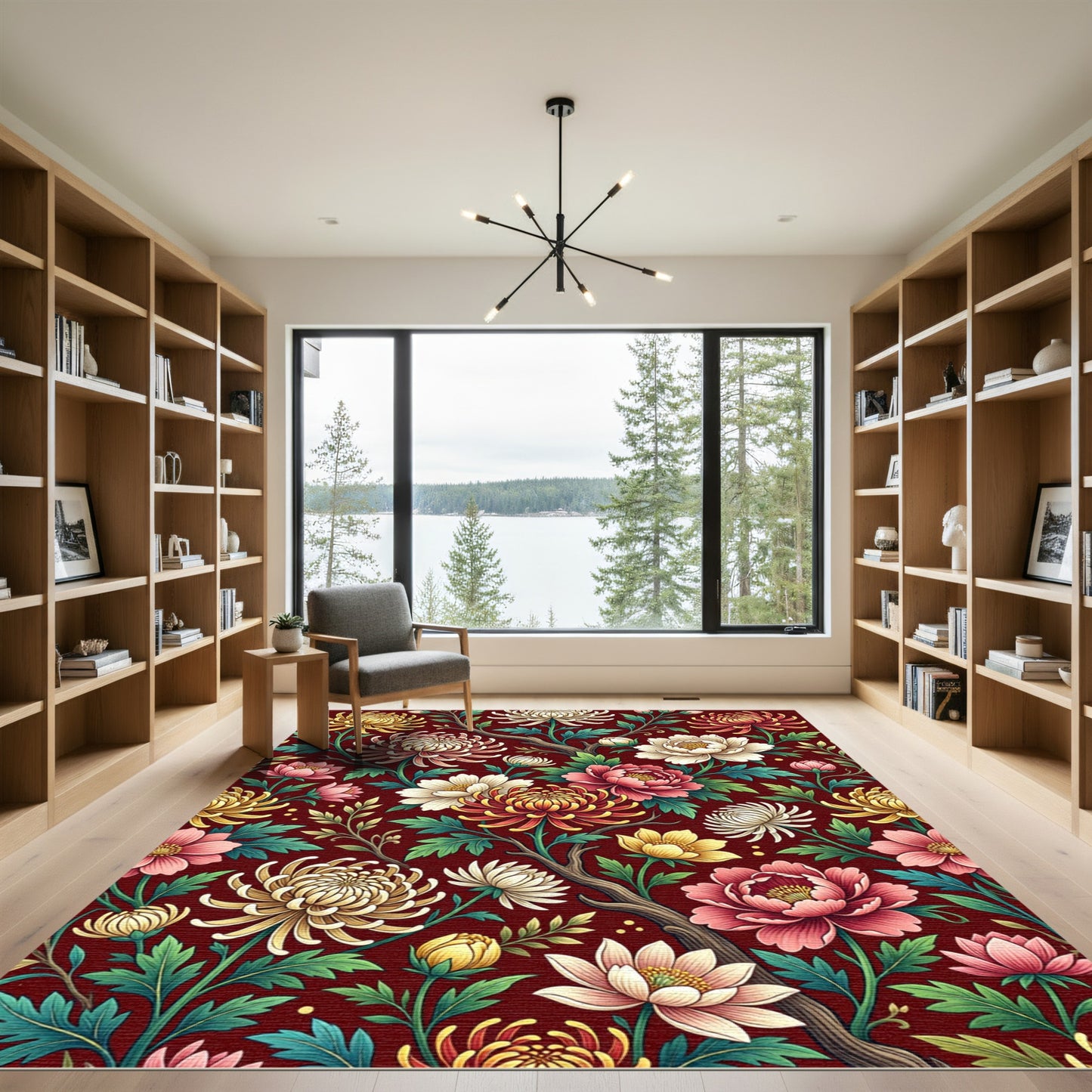 Dark Crimson Botanical Chrysanthemum Floral Rug