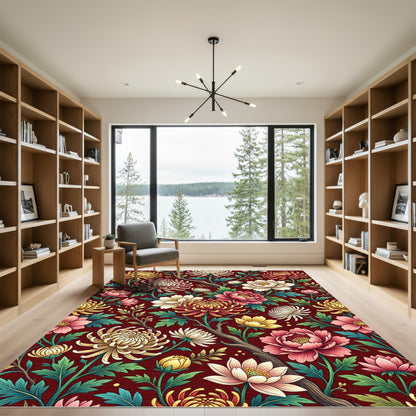 Dark Crimson Botanical Chrysanthemum Floral Rug