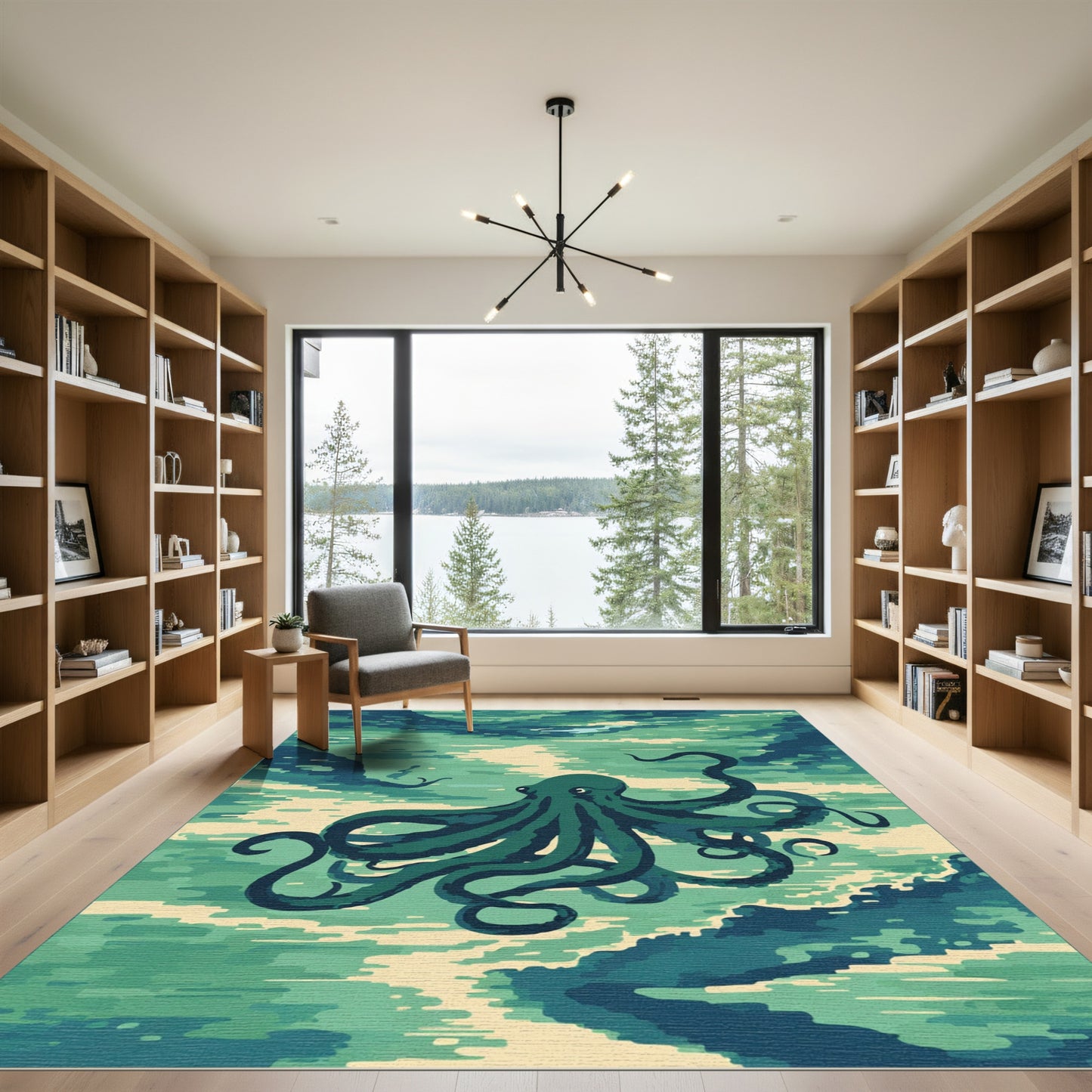 Deep Teal Octopus Ocean Waves Rug