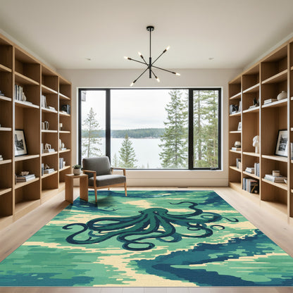 Deep Teal Octopus Ocean Waves Rug