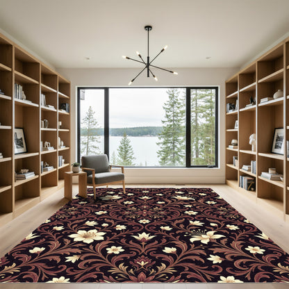 Dark Cream Floral Damask Scroll Rug