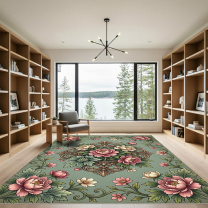 Vintage Dusty Sage Peony Medallion Rug