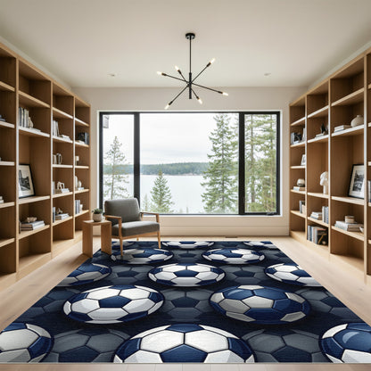 Classic Blue and White Soccer Ball Rug