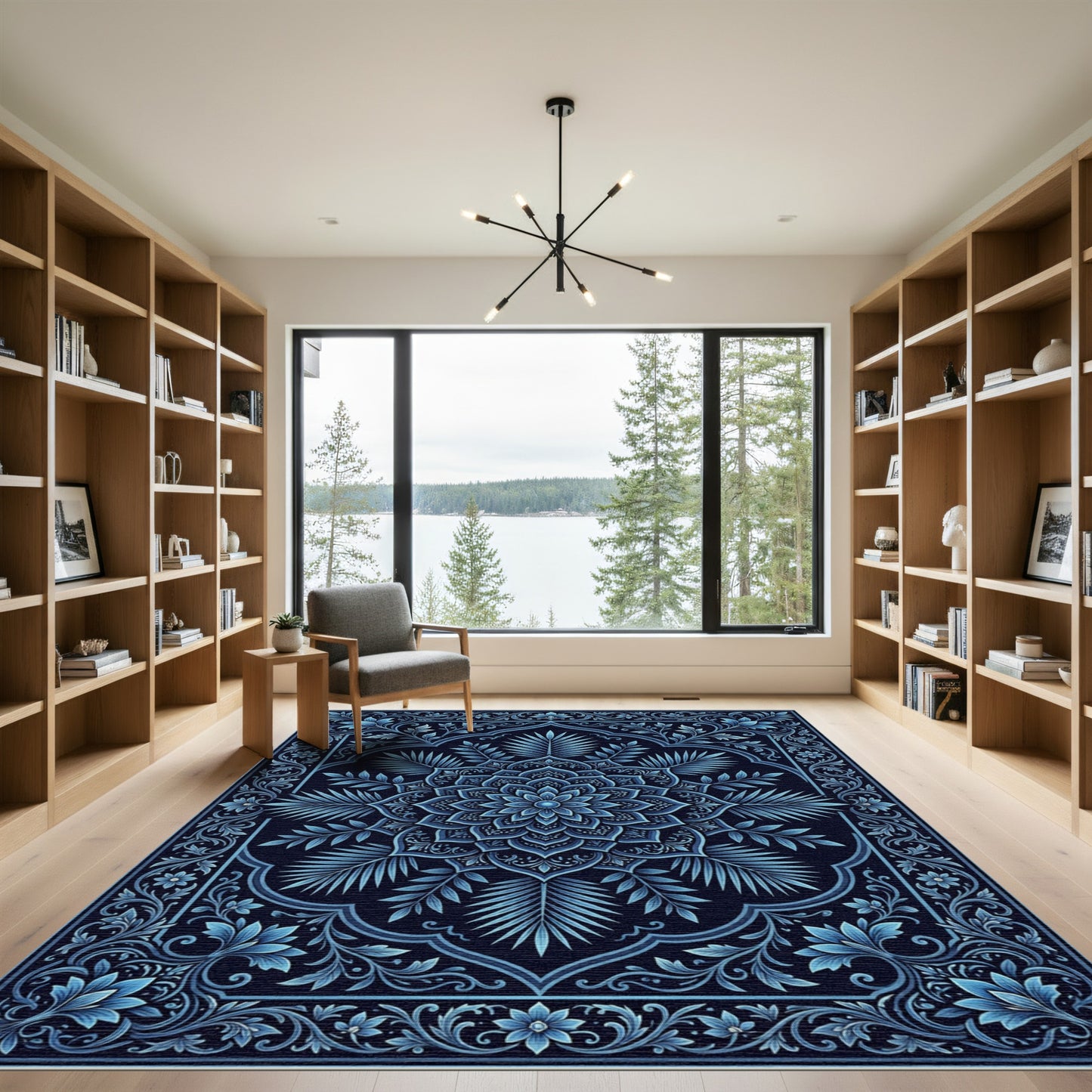 Deep Blue Floral Mandala Inlay Rug