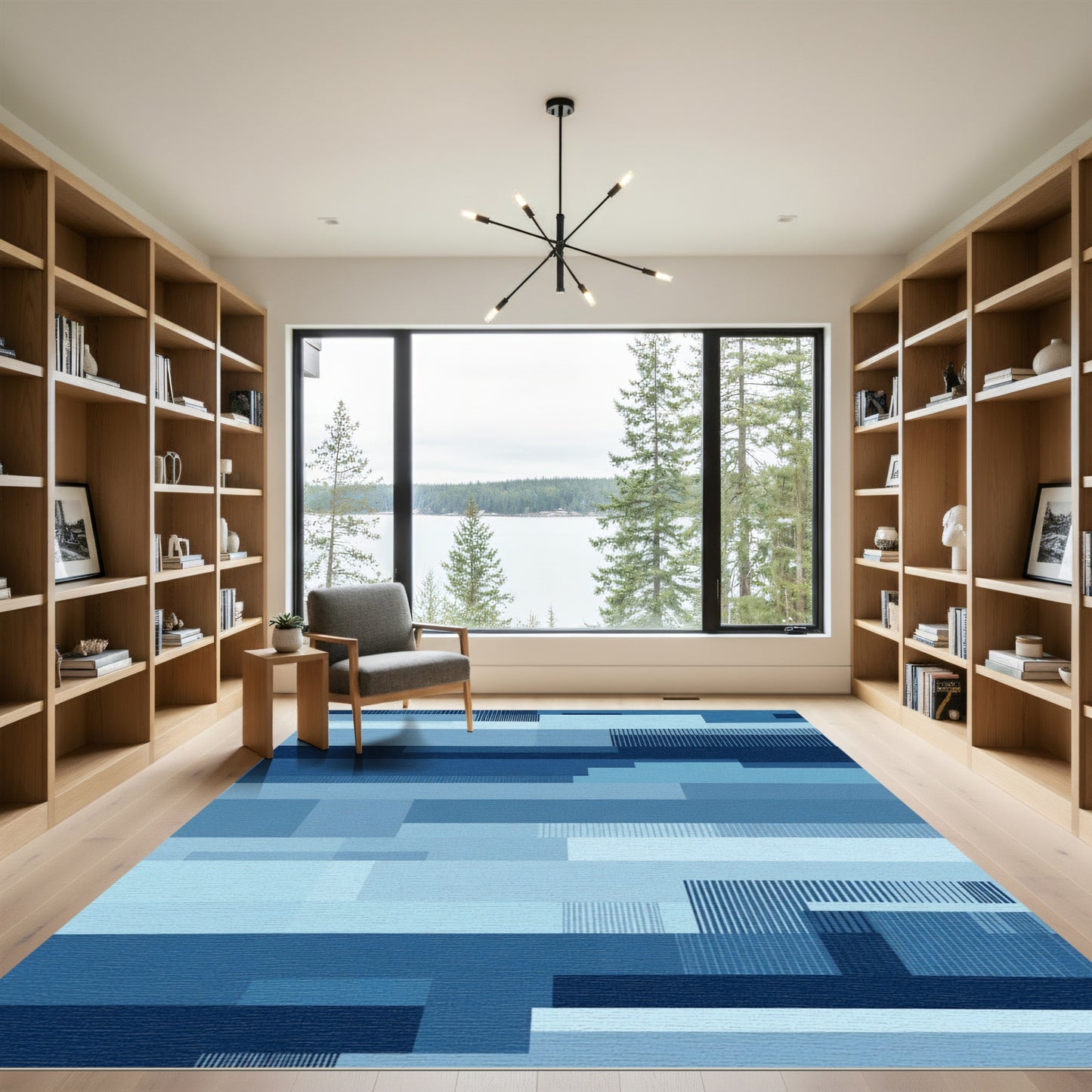 Indigo Blue Geometric Stripe Blocks Rug