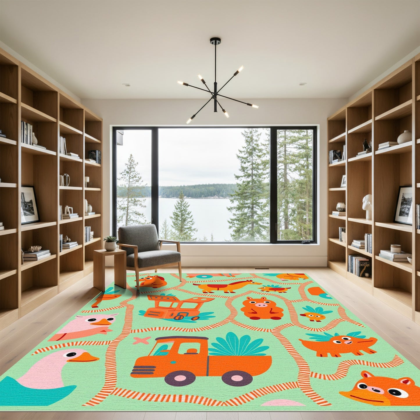Playful Orange Farm Animals Whimsical Rug