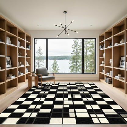 Monochrome Abstract Geometric Grid Square Rug