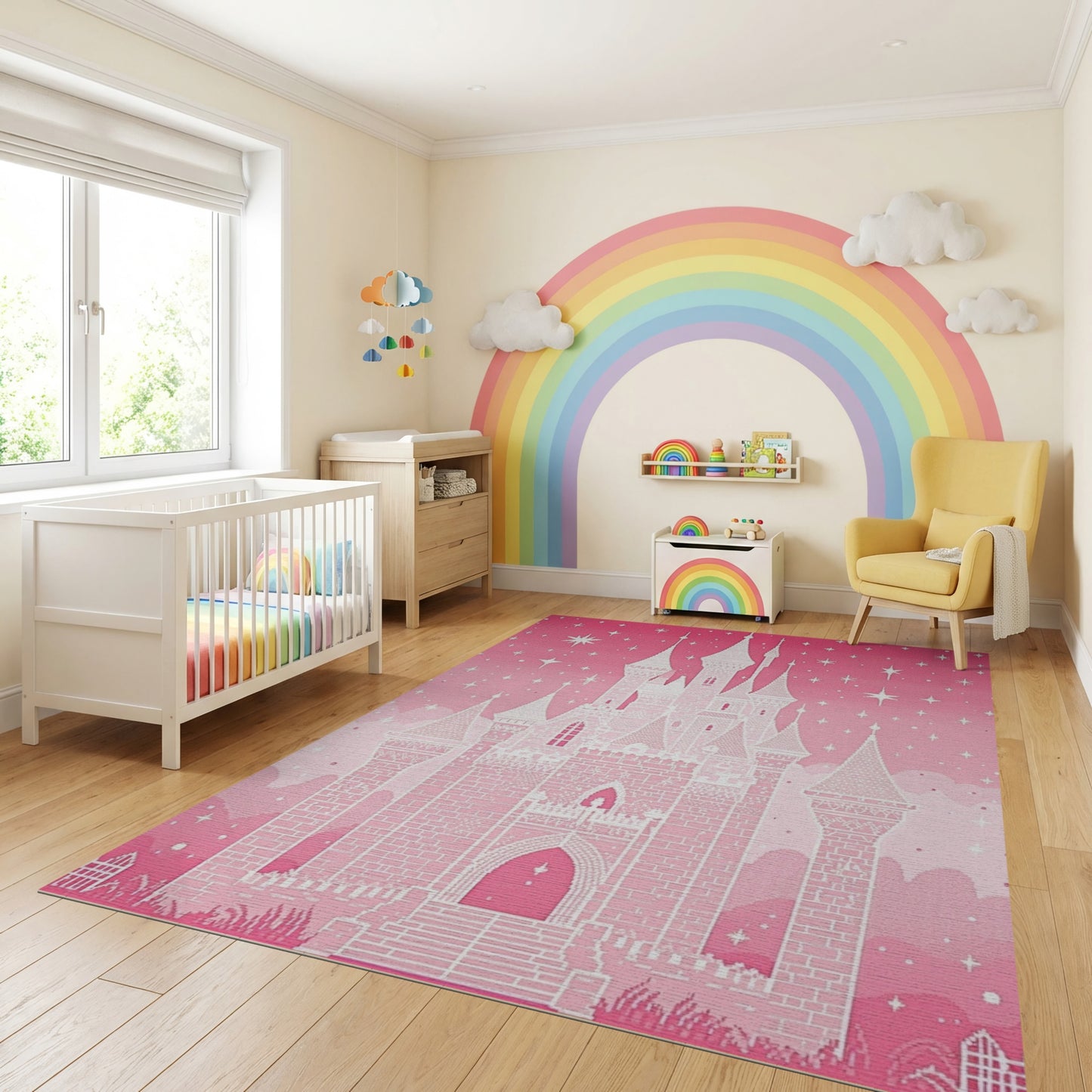 Pink Fairy Castle Stars Sparkles Rug