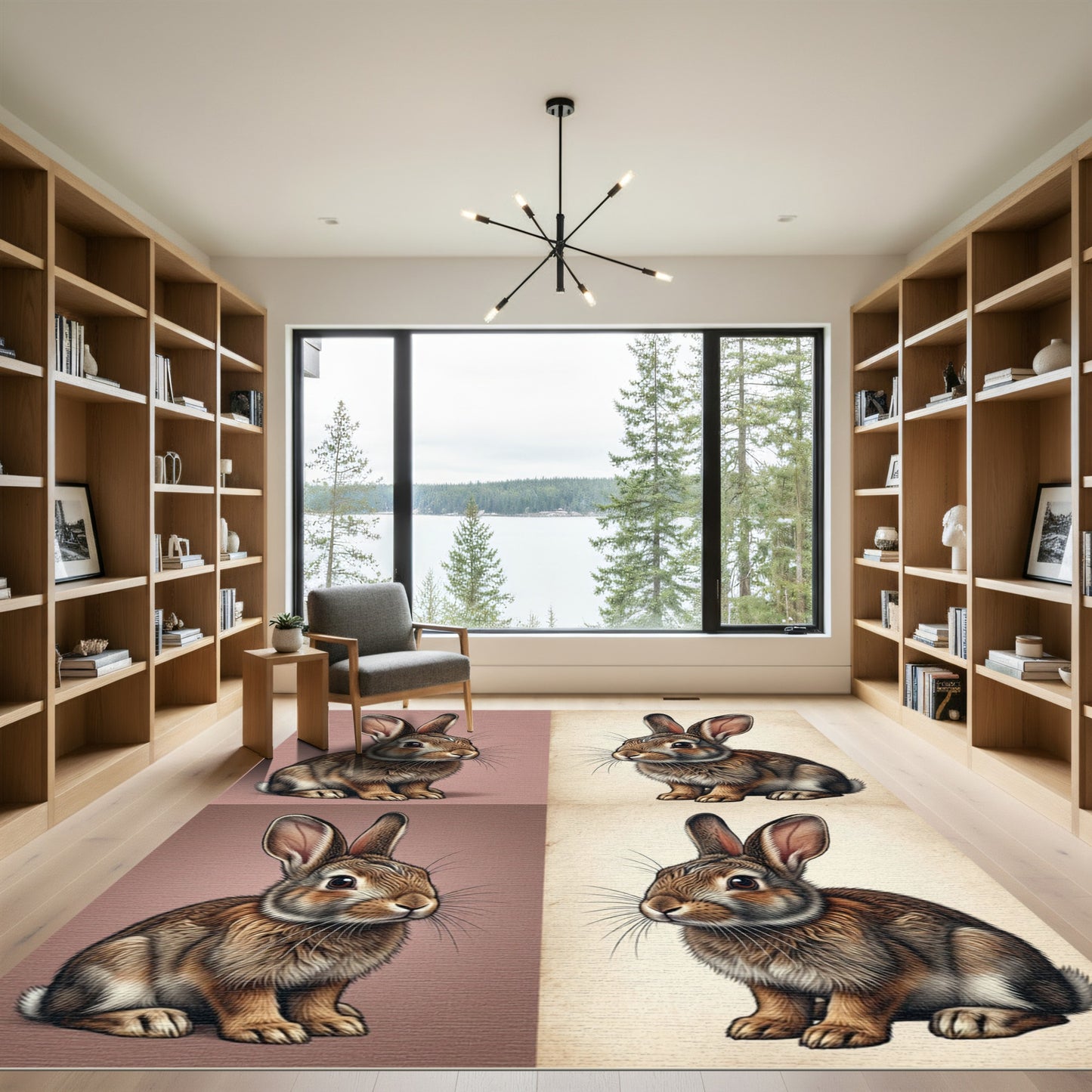 Quartered Brown Woodland Rabbit Illustration Rug