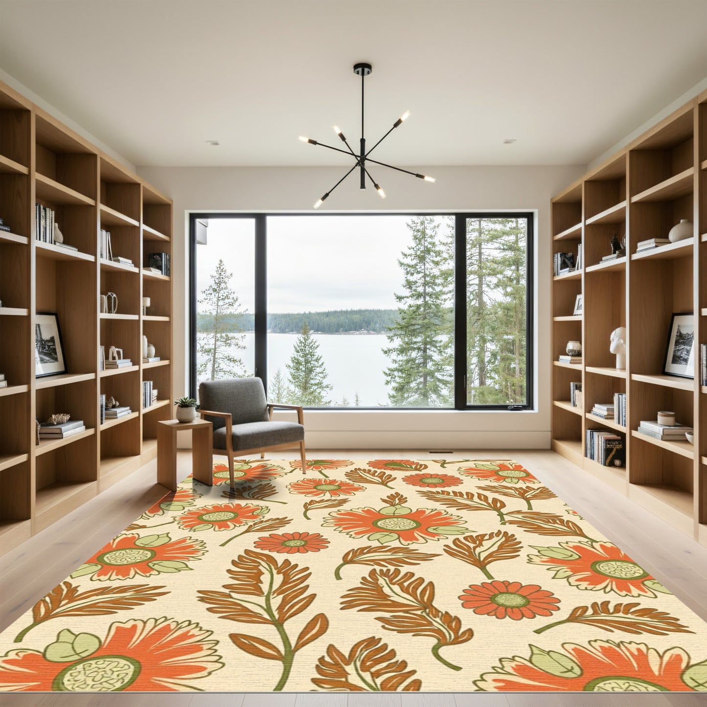 Retro Orange Daisy Botanical Arrangement Rug