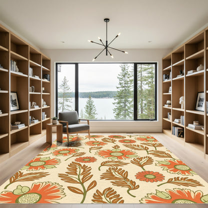 Retro Orange Daisy Botanical Arrangement Rug