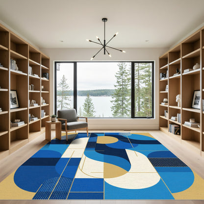 Modern Abstract Geometric Gold Blue Rug