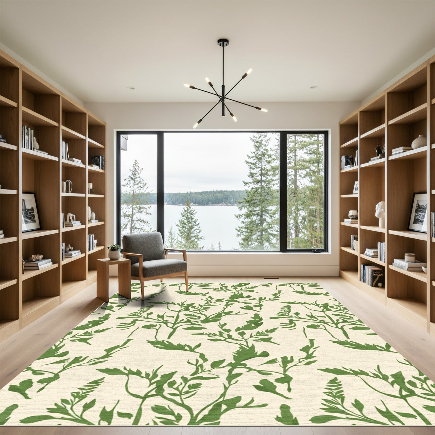 Green Botanical Foliage Cream Background Rug