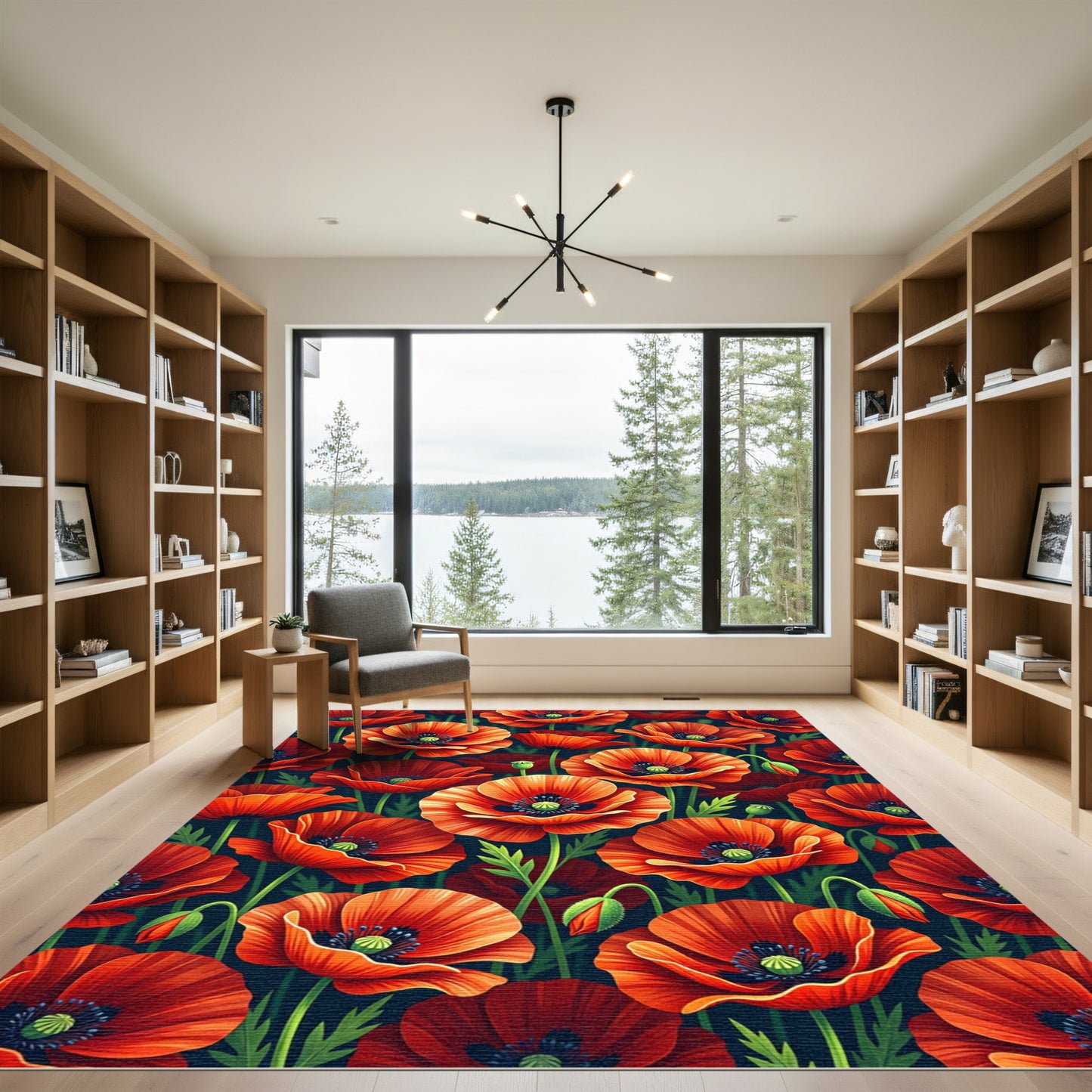 Vibrant Red Poppy Floral Meadow Rug